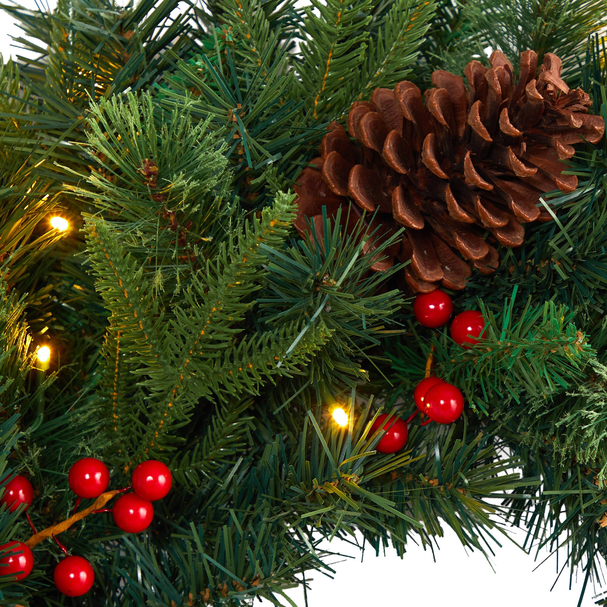 24" Clear LED Mixed Pine & Berries Christmas Wreath